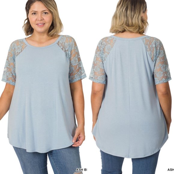 Zenana Premium Lace T-Shirt V-Neck Short Sleeve Round Hem Blue Plus Size NWT - Picture 1 of 10